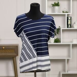 Chico’s Size 1 Navy White Striped Short Sleeve Lightweight Classic Nautical